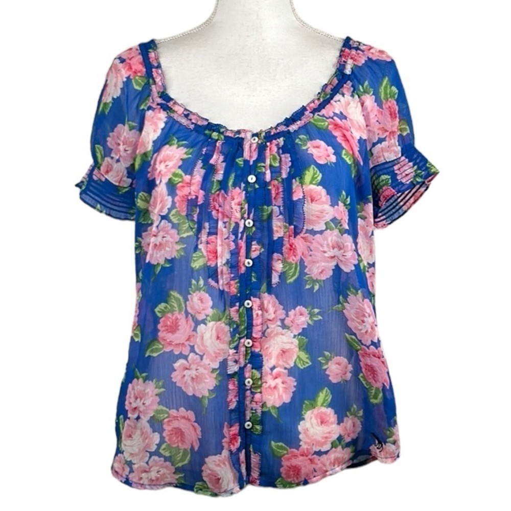 Abercrombie & Fitch Floral Green & Pink Sheer Short Sleeve Top Size Large‎